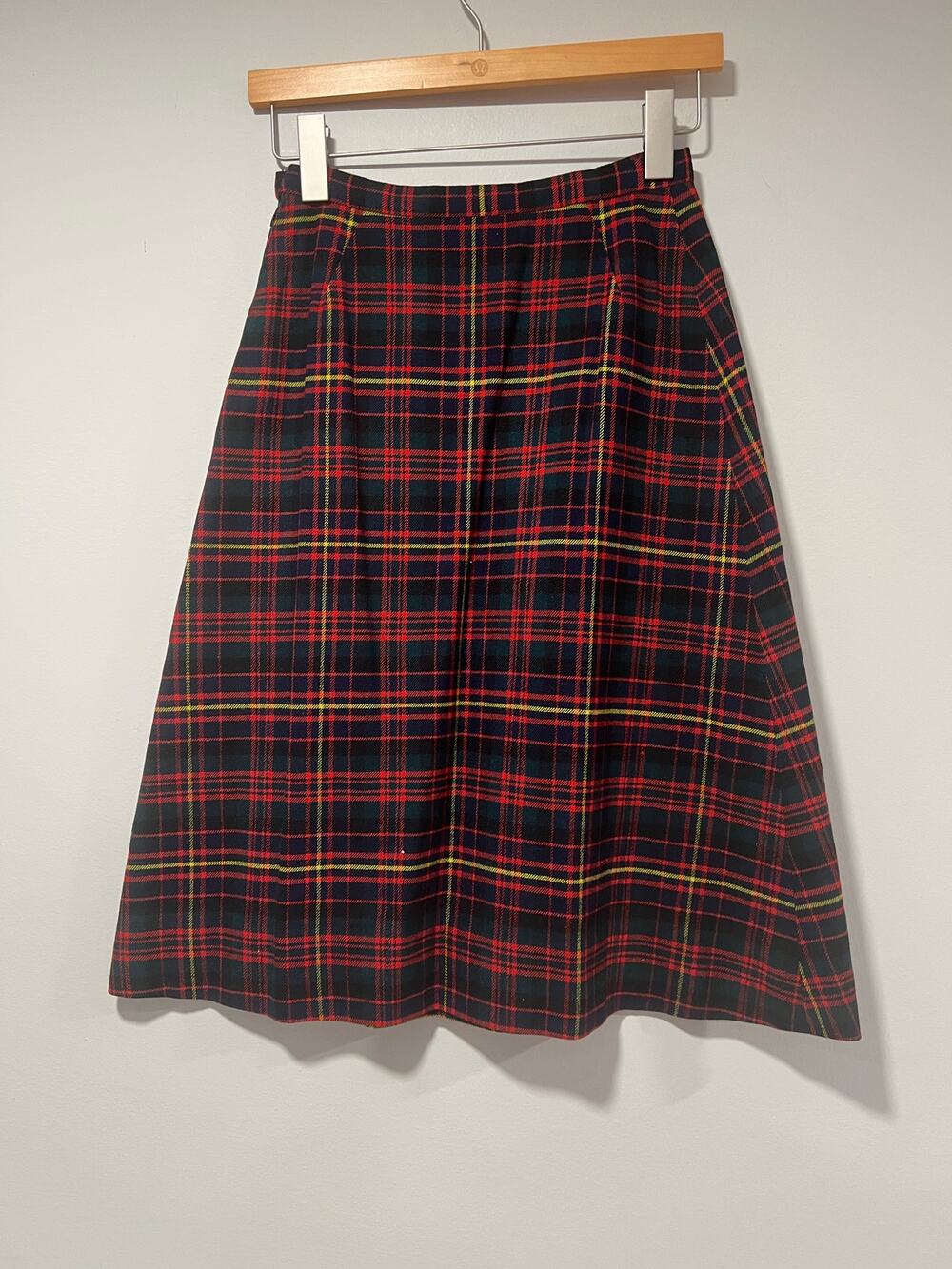 Vintage Plaid A-line Skirt Knee Length Red Green Yellow Size Small JL